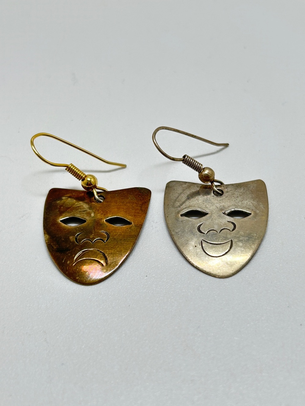 Vintage Mixed Metal Tragedy And Comedy Earrings, Gold And Silver, Dangly, Wires